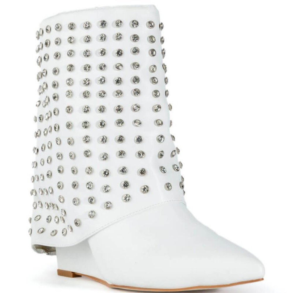 Callie Dripped & Draped Rhinestone Wedge White Ankle Bootie 8.5 - Picture 5 of 6